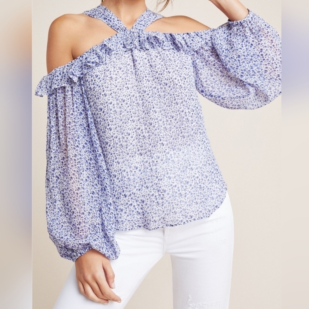 Anthropologie Women's Caia Open-Shoulder Ruffled Blouse, Blue & White, Size 0P